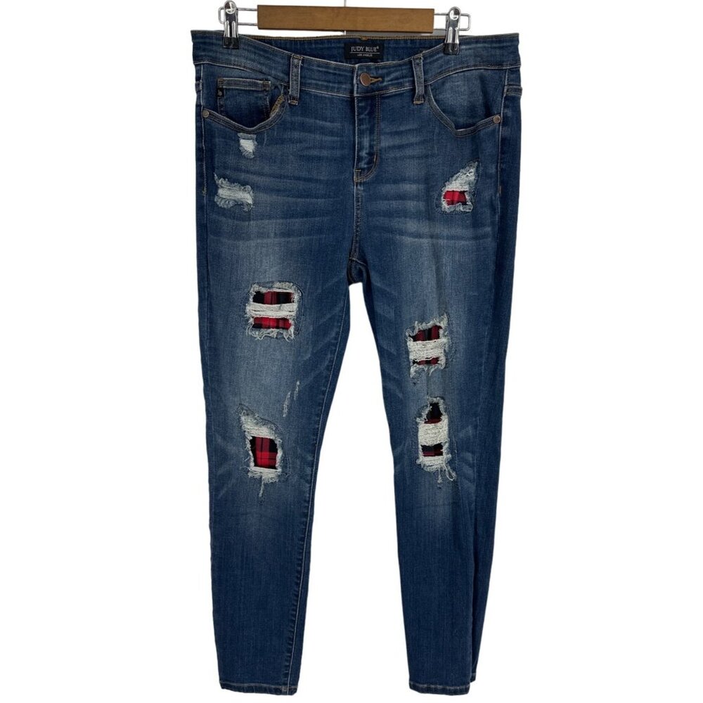 Judy Blue Skinny Fit Destroyed Buffalo Plaid Denim Jeans Size 15/32